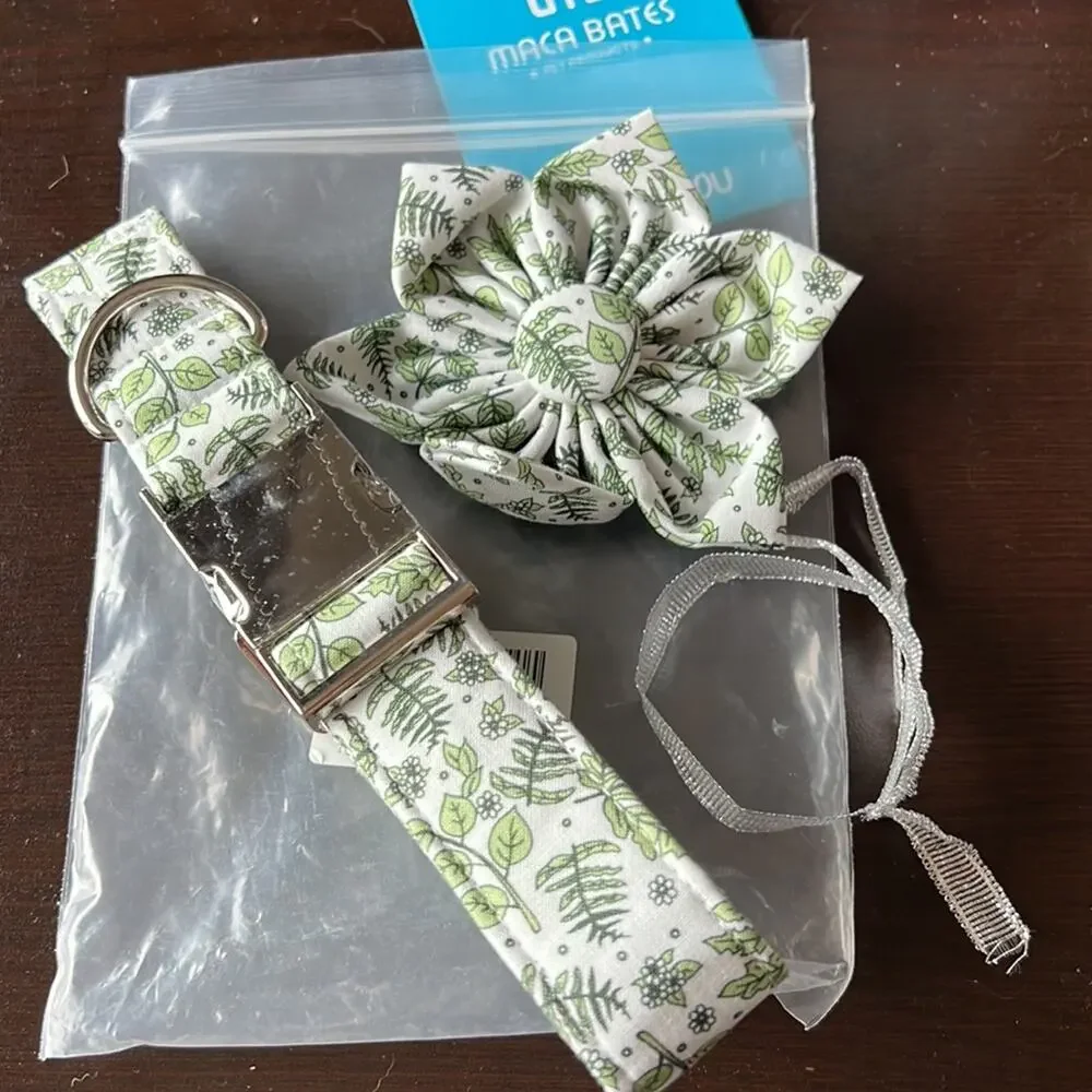 Maca Bates Green Foliage Adjustable Collar with Removable Bow Large Dog